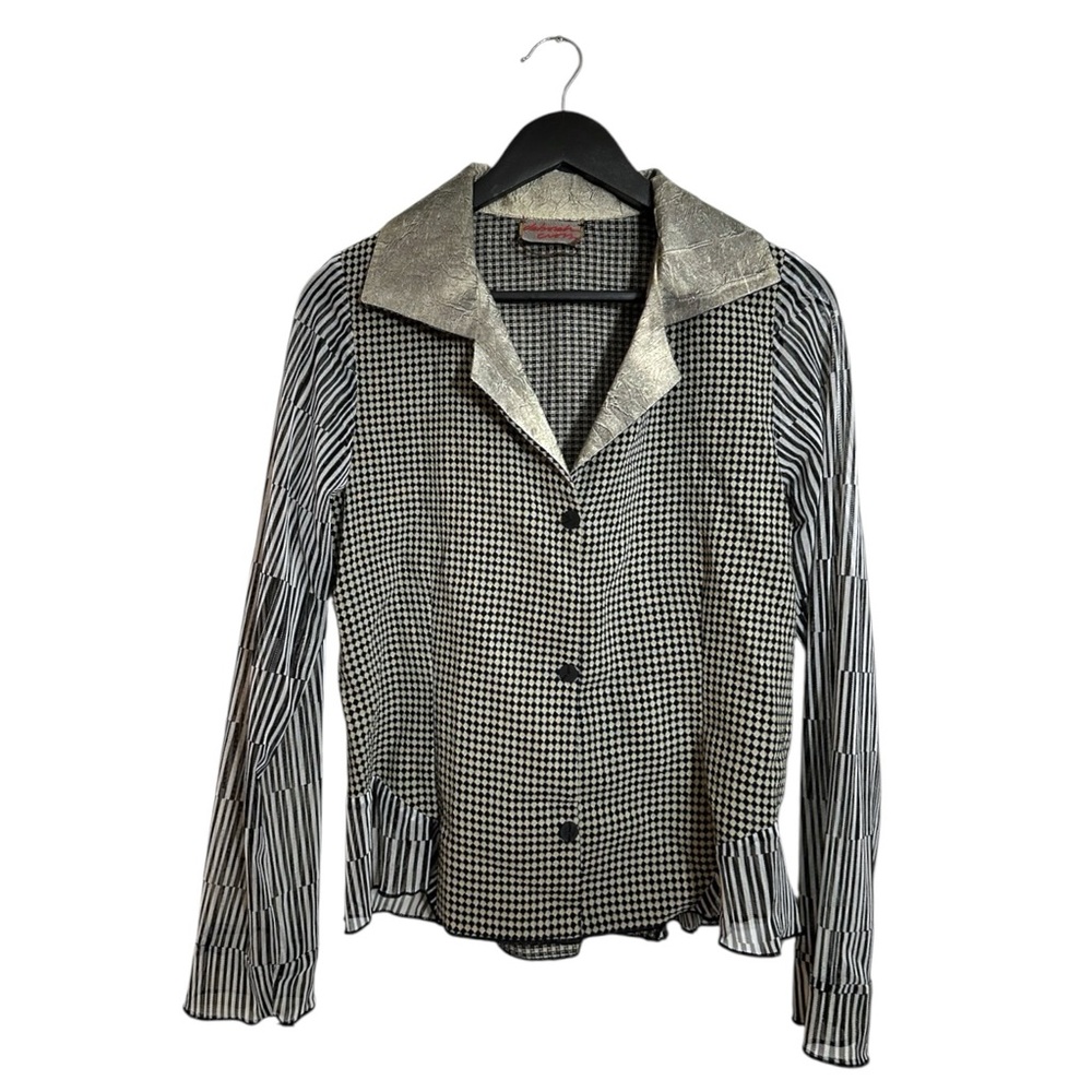 Deborah Cross Black White Mixed Print Button Up Blouse Vintage See Measurement